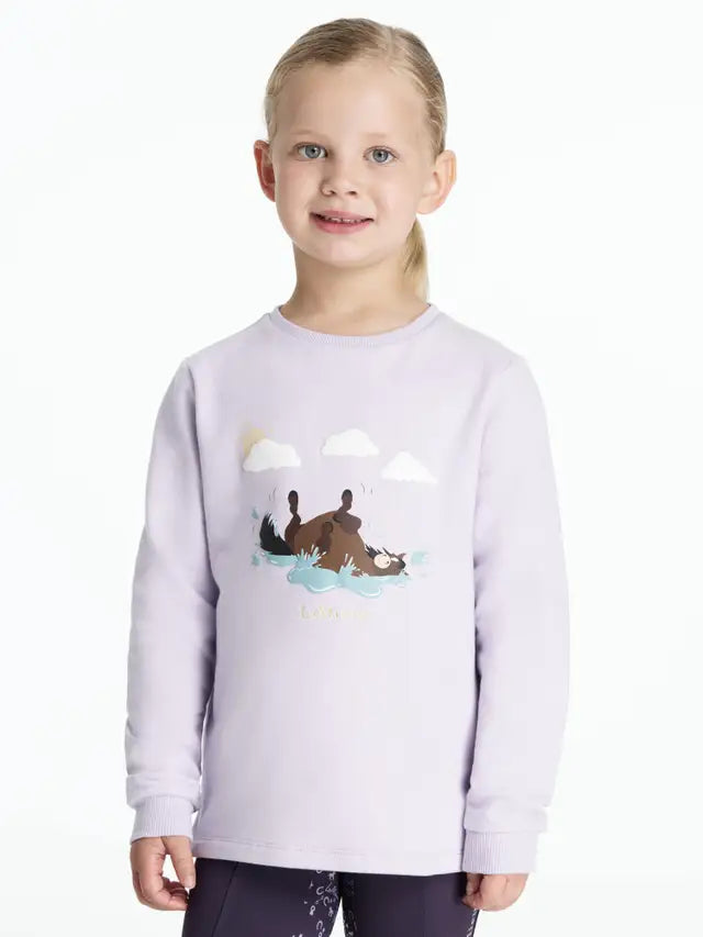 LEMIEUX MINI POPPY LILAC Top: Girl in Long Sleeve Shirt with Playful Horse Graphic | Equestrian Kids Clothing