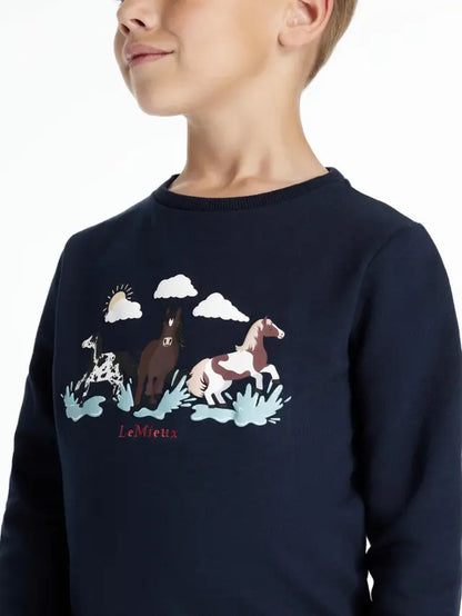 LEMIEUX MINI POPPY LONG SLEEVE TOP NAVY - Child's Horse Graphic Shirt