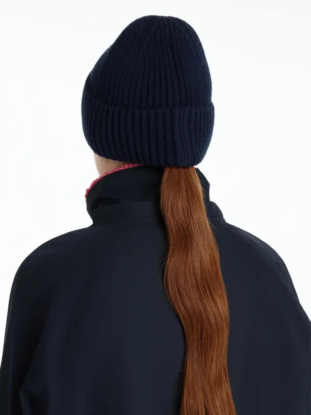 LeMieux Bodie Navy Beanie: Ribbed Knit Winter Hat with Ponytail Access from Equiflair. Warm microfleece lining.