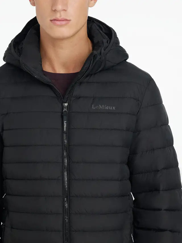 LeMieux Mens Hooded Puffer Jacket Black, water-resistant, lightweight, detachable hood, riding jacket.