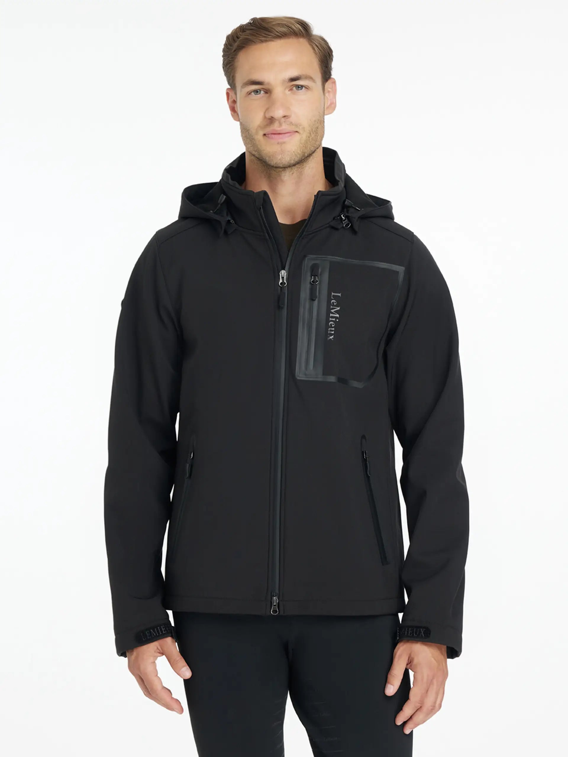 LeMieux Men's Softshell Jacket Black - Water Resistant Riding Jacket with Detachable Hood and Two-Way Zip
