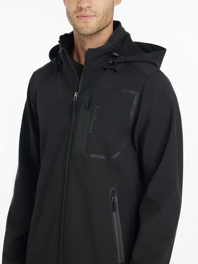 LEMIEUX Mens Softshell Jacket Black: Water Resistant & Breathable Riding Jacket with Detachable Hood. Equiflair