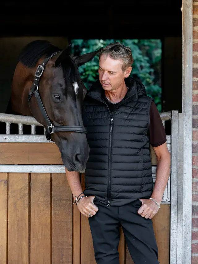 LEMIEUX Mens Hooded Puffer Gilet Black with Horse. Stylish & Durable Water-Resistant Vest for Riding, Equiflair