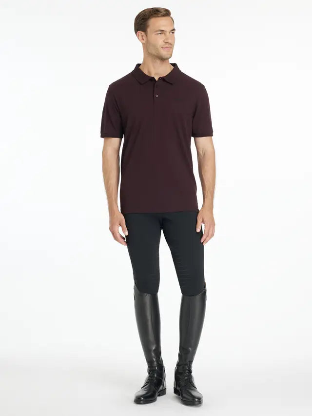 LeMieux Men's Classique Damson Polo Shirt. Equestrian style with riding breeches and boots.