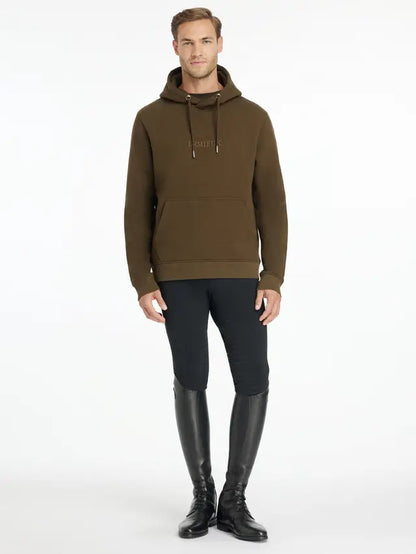 LEMIEUX Men's Alpine Hoodie, Black Equestrian Riding Tights & Boots. Full outfit view.