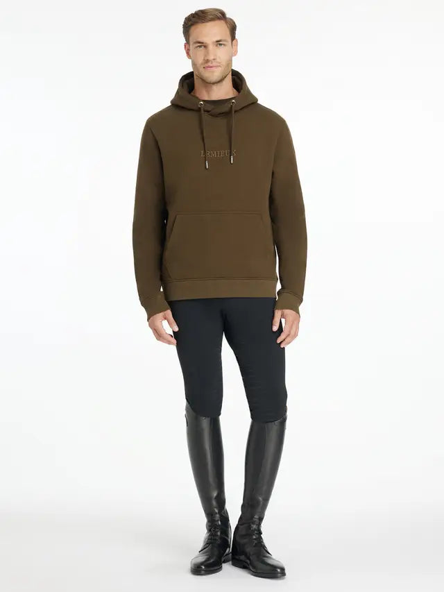 LEMIEUX Men's Alpine Hoodie, Black Equestrian Riding Tights & Boots. Full outfit view.