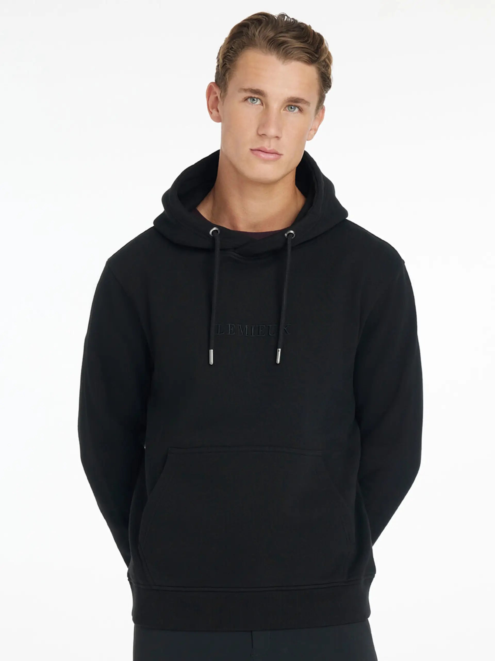 LeMieux Mens Black Hoodie: Fleece-Lined Comfort, Drawstring Hood, Embroidered Logo