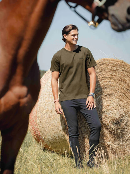 Lemieux Alpine Mens T-Shirt Olive Green - Man Posing with Horse & Hay Bale | Equiflair
