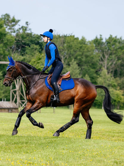 Equestrian Horse Riding: LeMieux Blue Saddle Pad on a Beautiful Bay Horse with Rider in Matching Gear - Equiflair