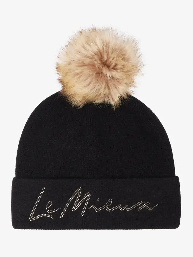 LeMieux Black Sparkle Beanie Hat with Faux Fur Pom Pom | Winter Knit Cap | Equestrian Fashion