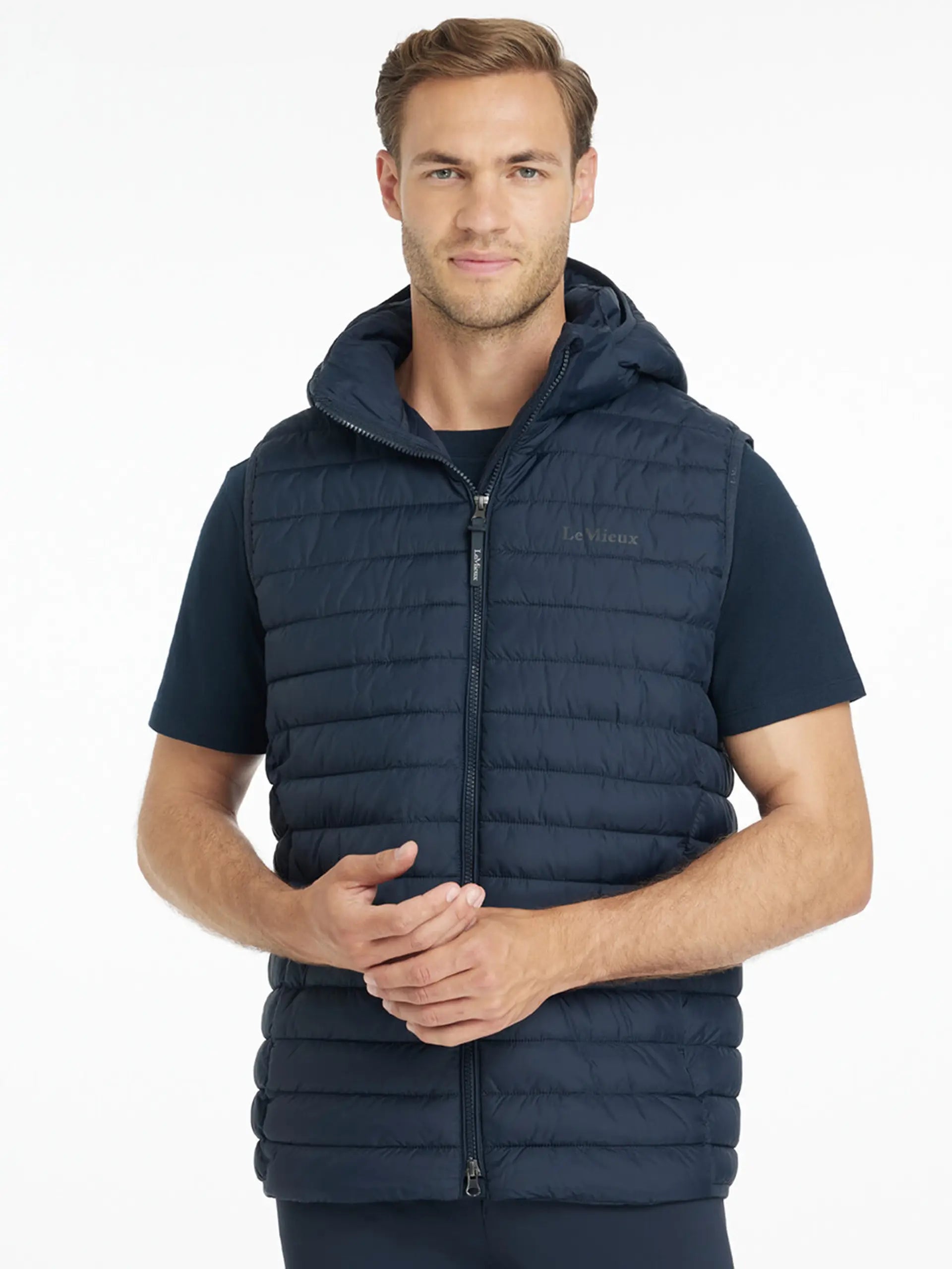LeMieux Mens Hooded Navy Puffer Gilet | Durable, water-resistant riding vest with a detachable hood for versatile style & practicality