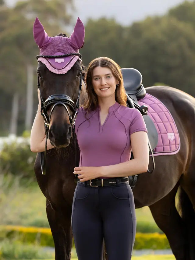 LeMieux Lisa Mesh Base Layer Mallow: Purple equestrian top for women with horse