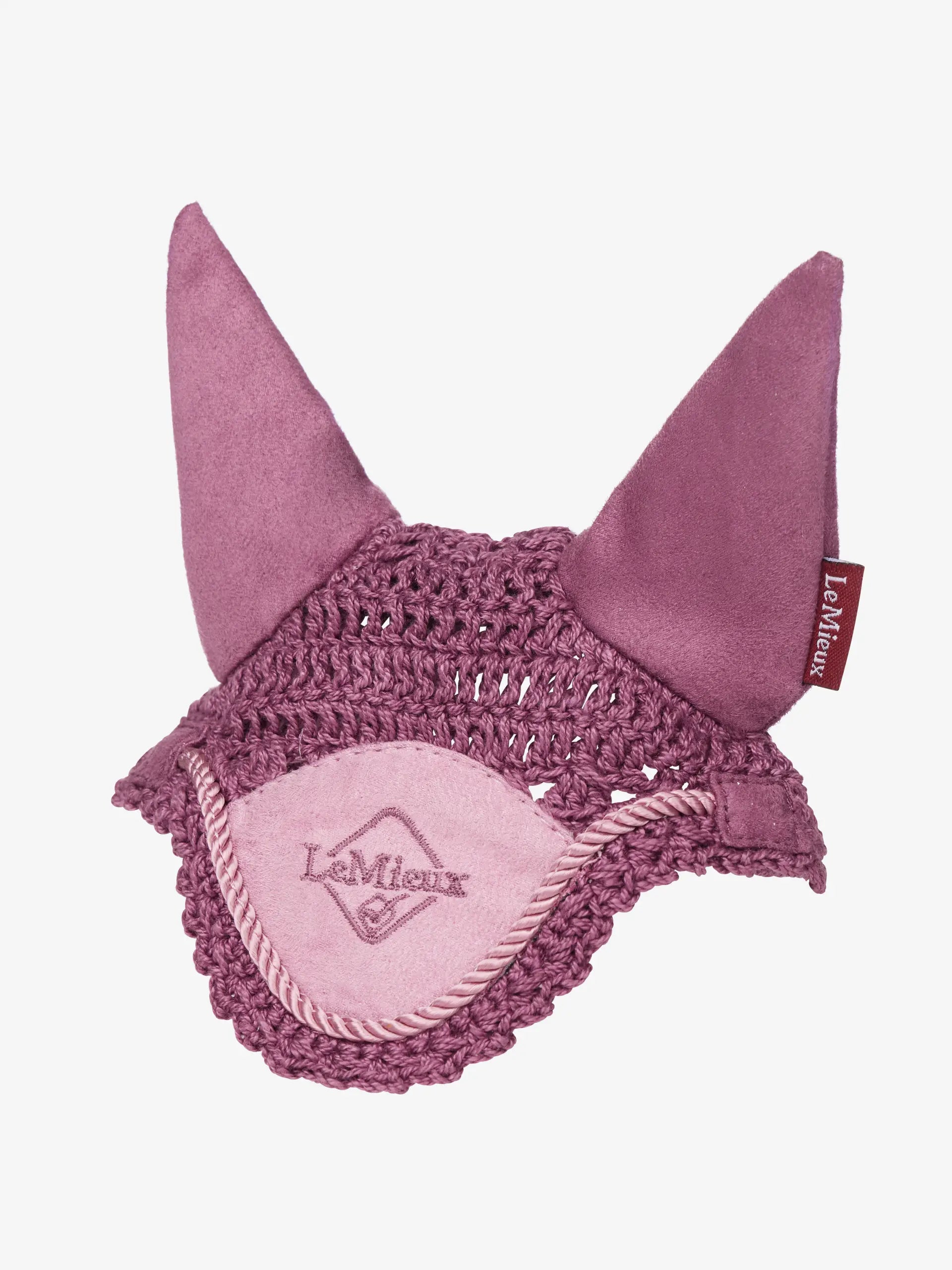 LeMieux Toy Pony Fly Hood Mallow pink, handmade crochet with suede ears, perfect for miniature equestrian play.