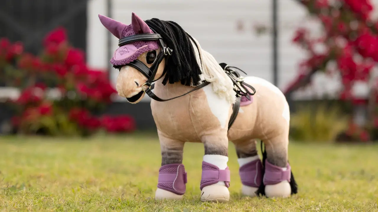 LeMieux Toy Pony Fly Hood Mallow: Purple equestrian toy horse accessory with crochet and suede ears