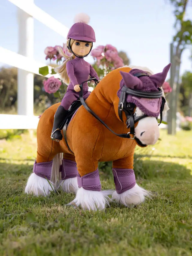 LeMieux Toy Rider Outfit Mallow doll on plush horse, purple equestrian gear