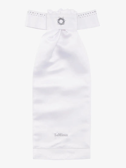 LeMieux Brilliance Stock: White satin ready-tied tie with rhinestones for equestrian competitions.