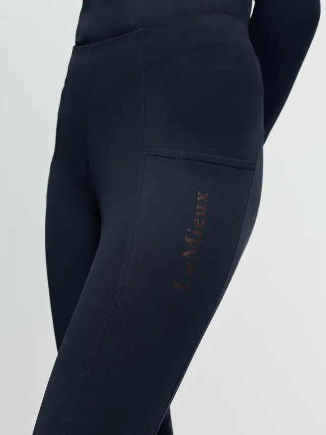 LeMieux Young Rider Navy Sparkle Riding Leggings with Copper Logo and Pocket