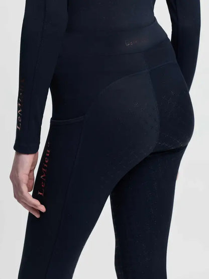 LeMieux Young Rider navy sparkle pull-on riding leggings with full seat grip and glitter.