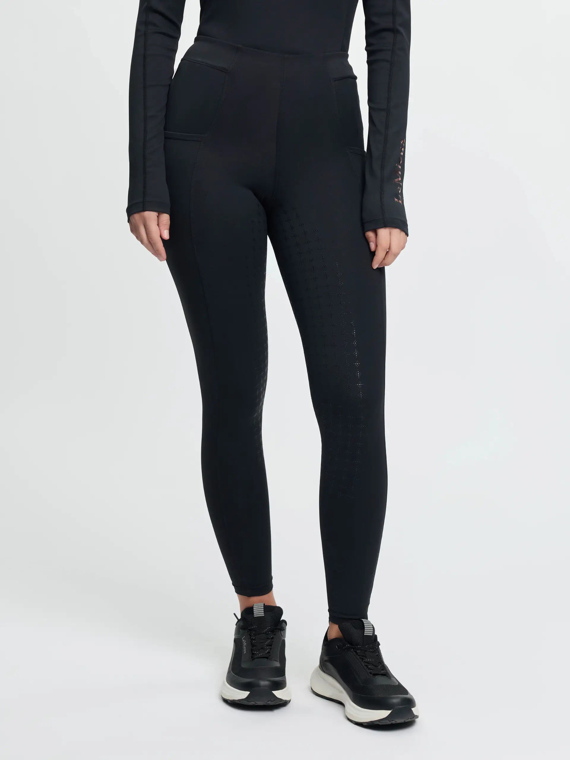 LeMieux Young Rider Sparkle Orla Pull On Black riding leggings with full seat grip and glitter detail.