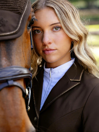 LeMieux Brilliance Diana Ladies Show Jacket Espresso equestrian portrait with horse