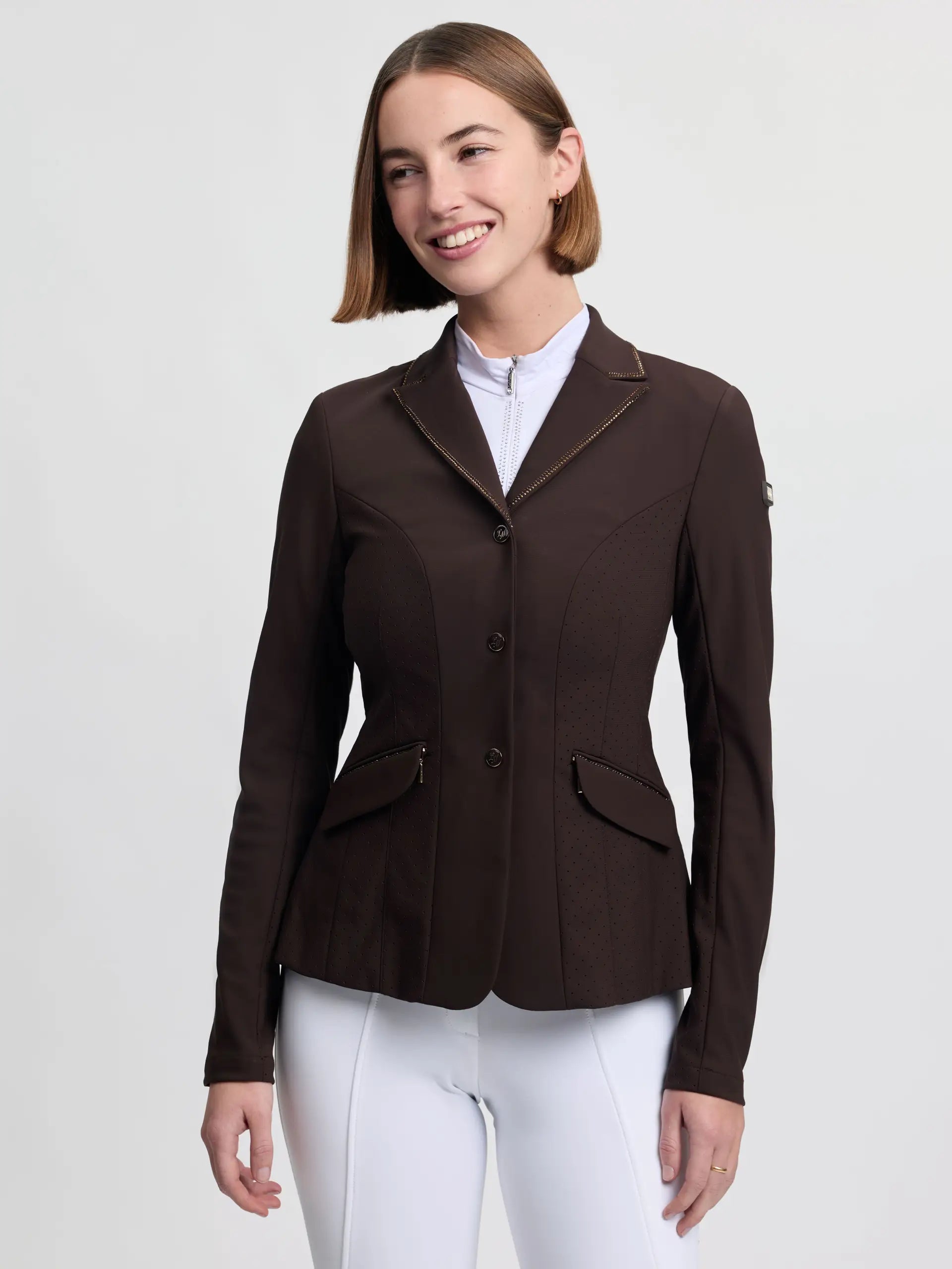 LeMieux Brilliance Diana Ladies Show Jacket Espresso with rhinestone trim and perforated mesh panels