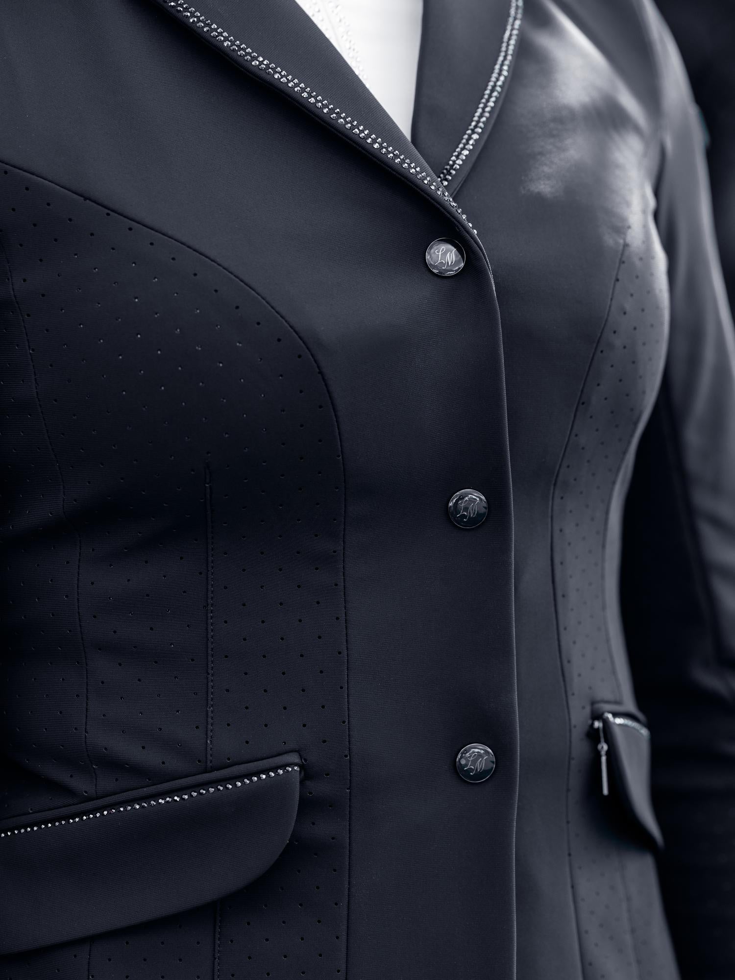 LeMieux Brilliance Diana Navy Ladies Show Jacket with LM monogram buttons and rhinestone details.