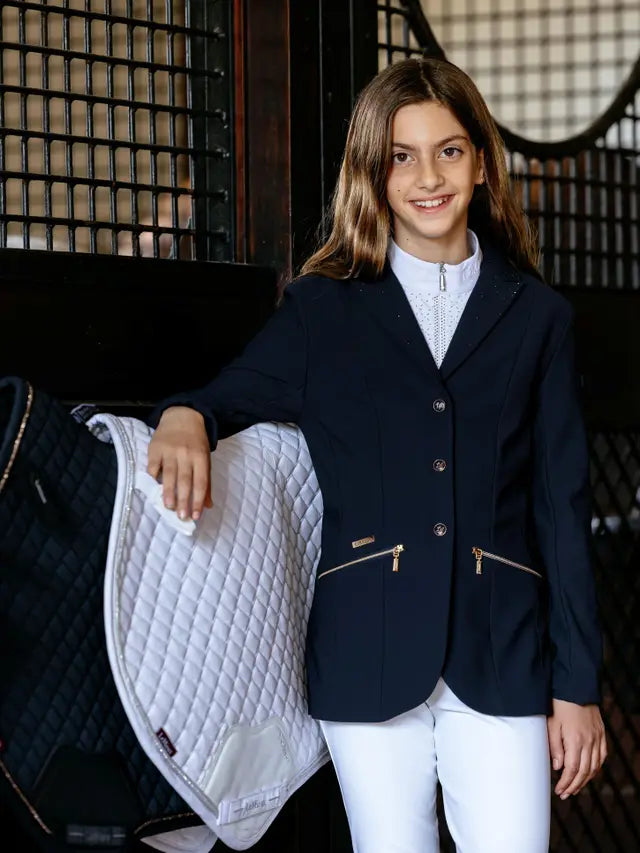 LeMieux Brilliance Junior Show Jacket Navy for young riders, equestrian competition apparel.