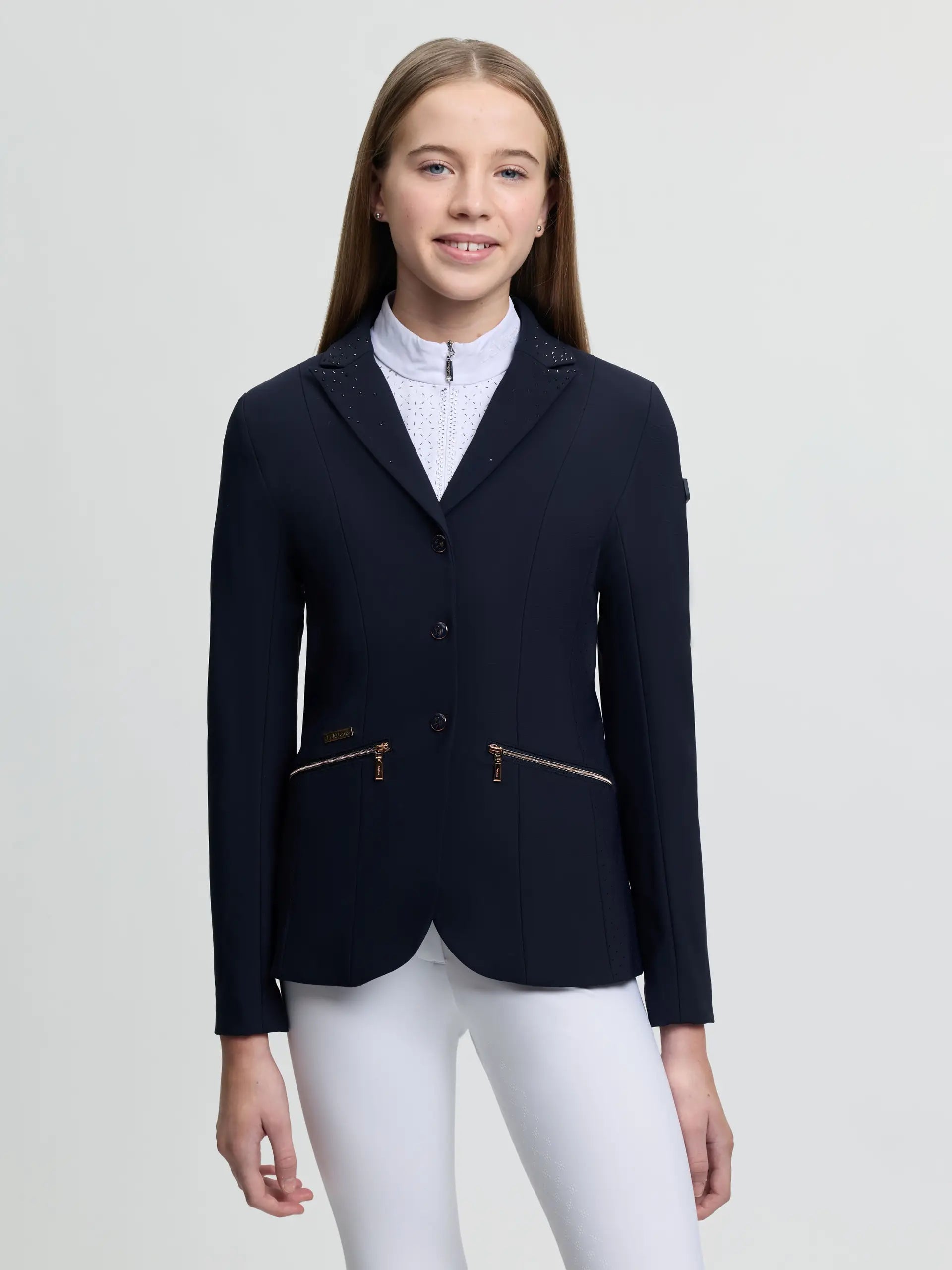 LeMieux Brilliance Junior Pro Show Jacket Navy - Sparkling equestrian riding jacket for young riders.
