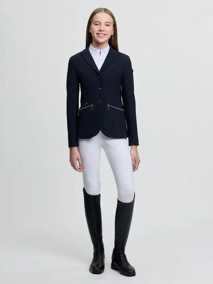 LeMieux navy junior show jacket for equestrian competition with subtle rhinestones.