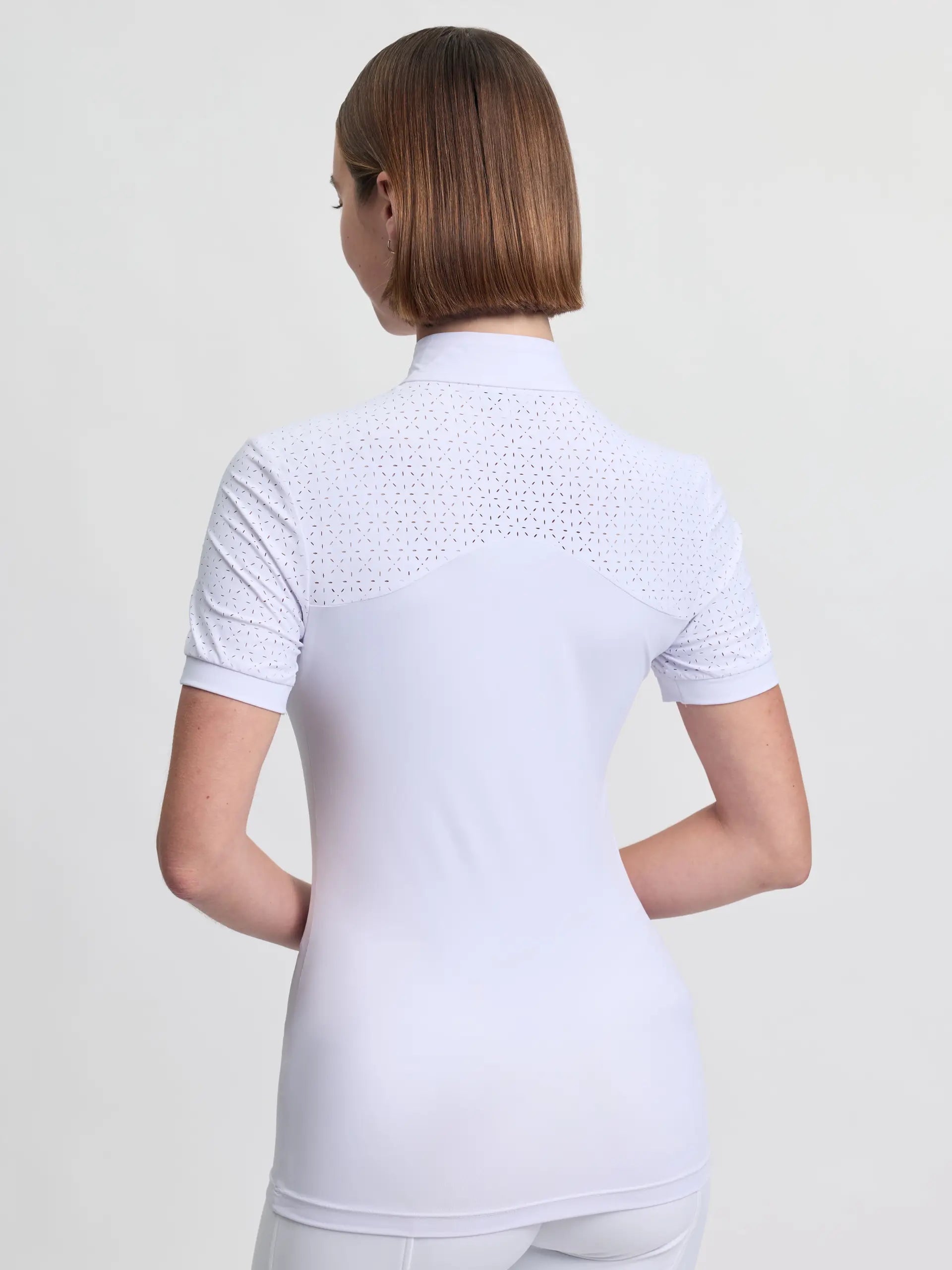 LeMieux Brilliance Verity white short sleeve show shirt with rhinestone detail - back view