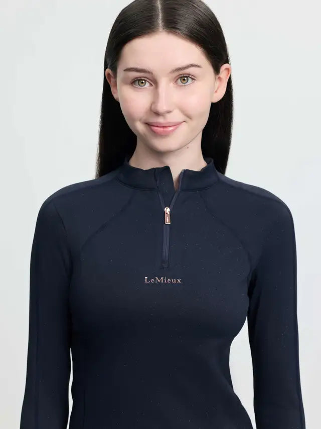LeMieux Young Rider Sparkle Base Layer Navy - Quarter Zip, UPF30+ Protection