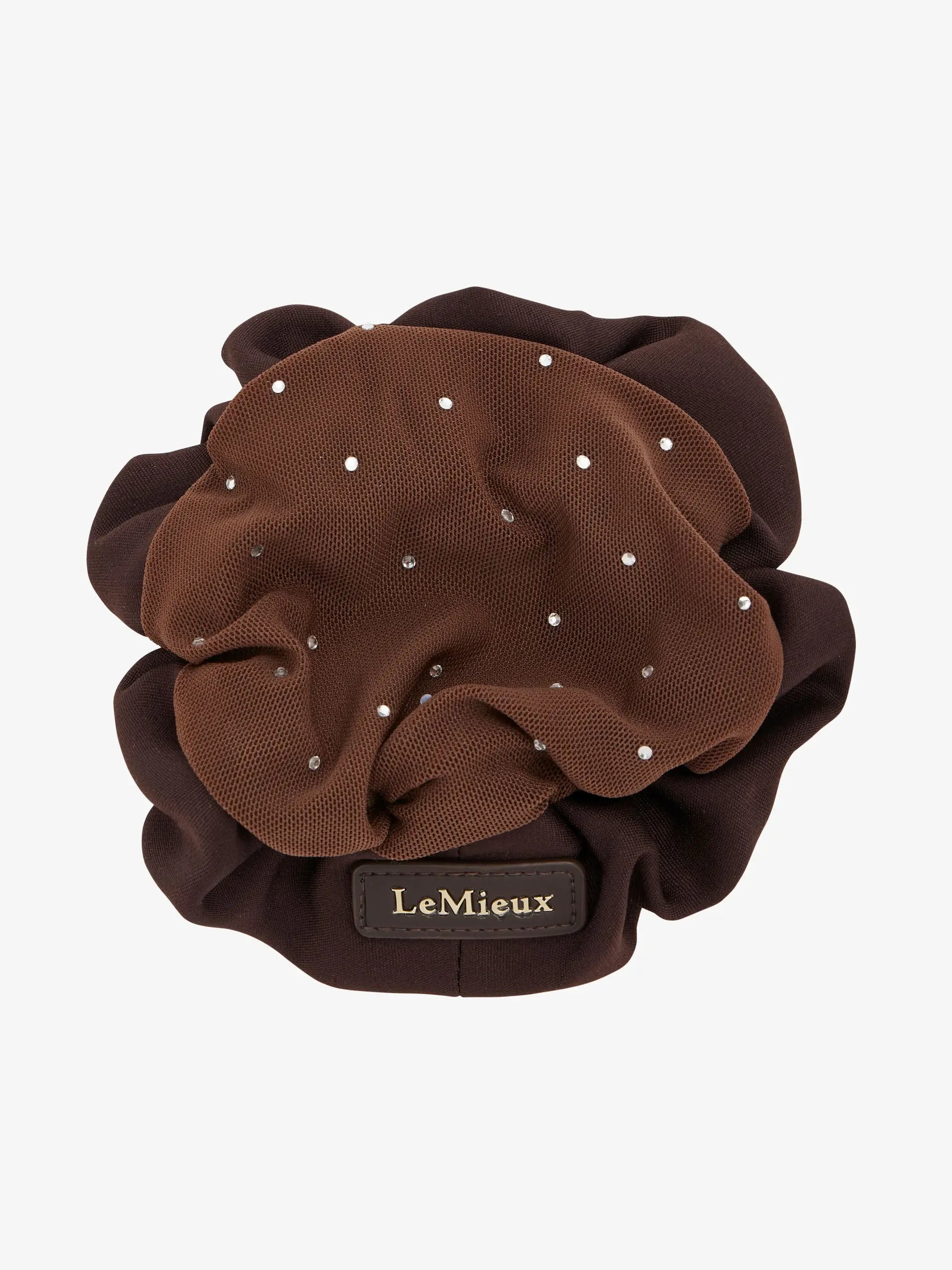 LeMieux Crystal Scrunchie Hair Net Brown - Elegant equestrian hair accessory for competition.