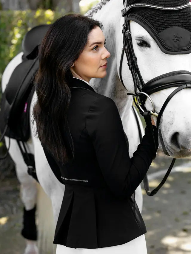 LeMieux Brilliance Diana Ladies Show Jacket Black with sparkle details, elegant equestrian competition riding apparel.
