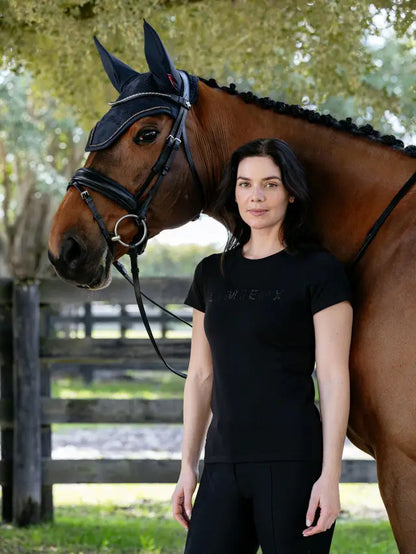 LeMieux Brilliance T-Shirt Black on woman posing with horse | Equestrian riding apparel