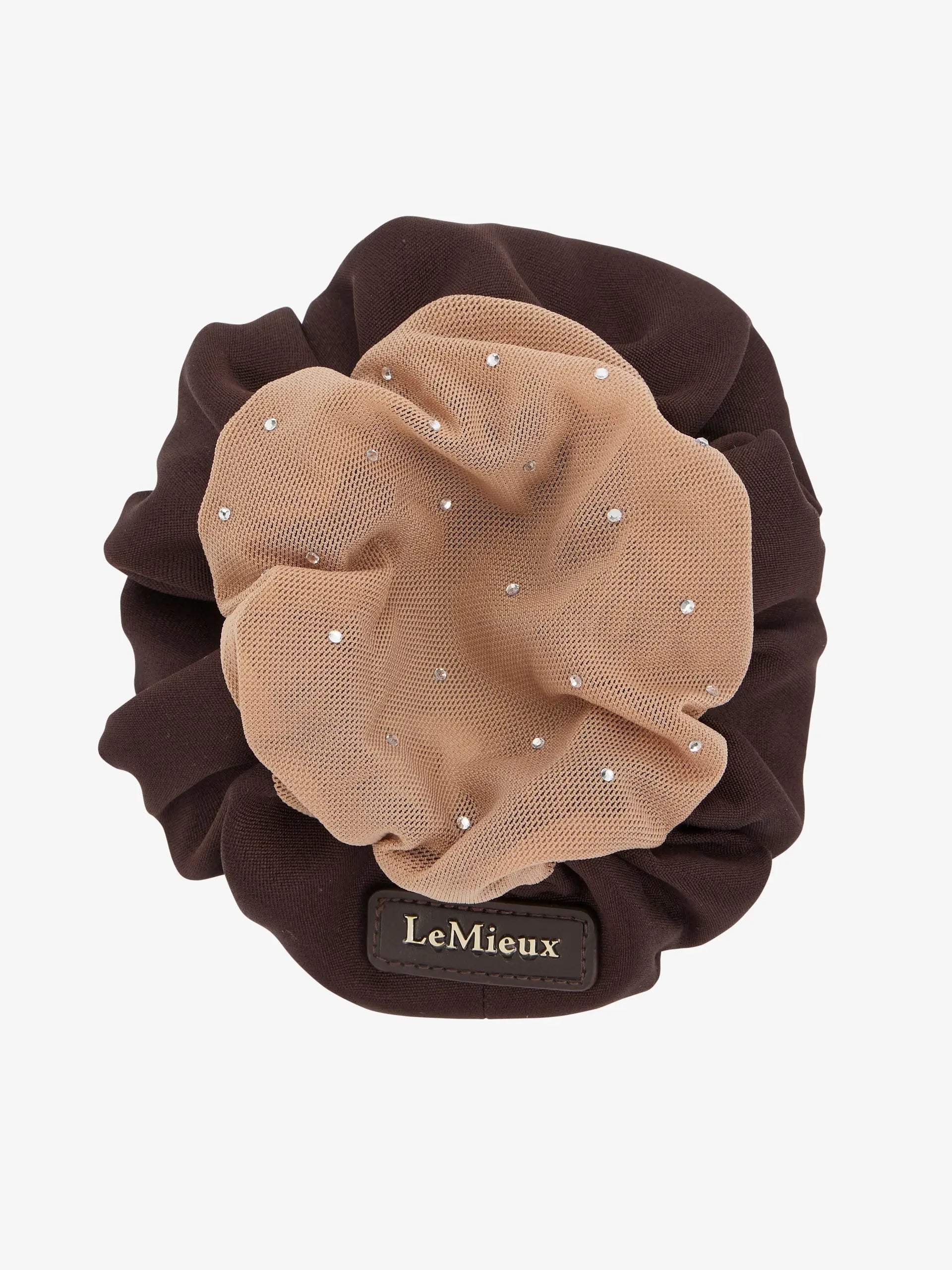 LeMieux crystal hair net scrunchie in brown and blonde for equestrian competitions. Elegant hair accessory.