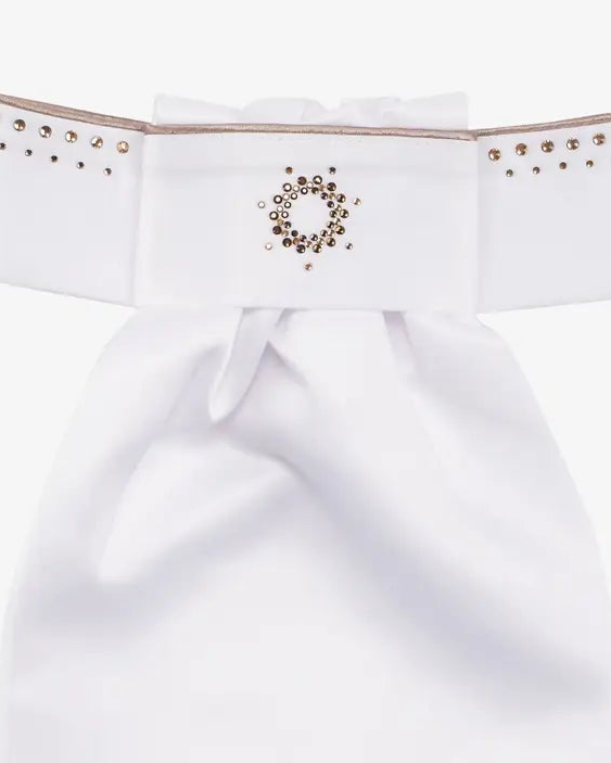 LeMieux Brilliance Stock: White dressage tie with rhinestone embellishments and satin fabric.