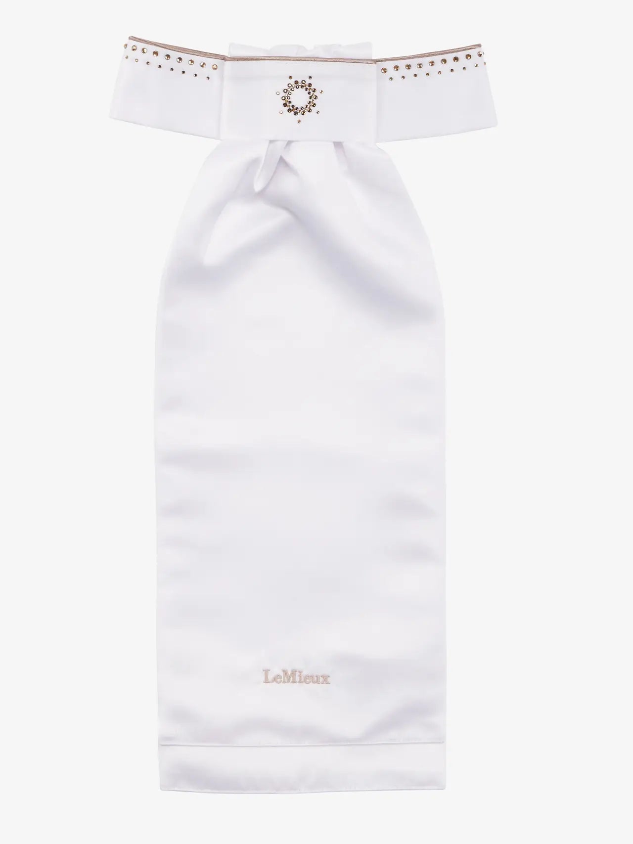 LeMieux Brilliance Stock tie white with espresso rhinestones - elegant equestrian competition wear