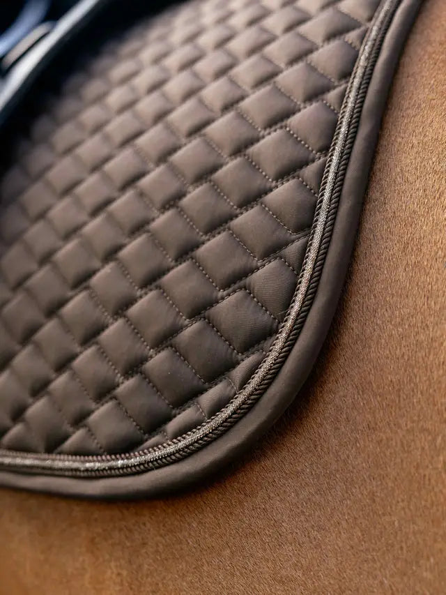 LeMieux Brilliance Dressage Square Espresso saddle pad with sparkle detailing and contoured fit on a horse.