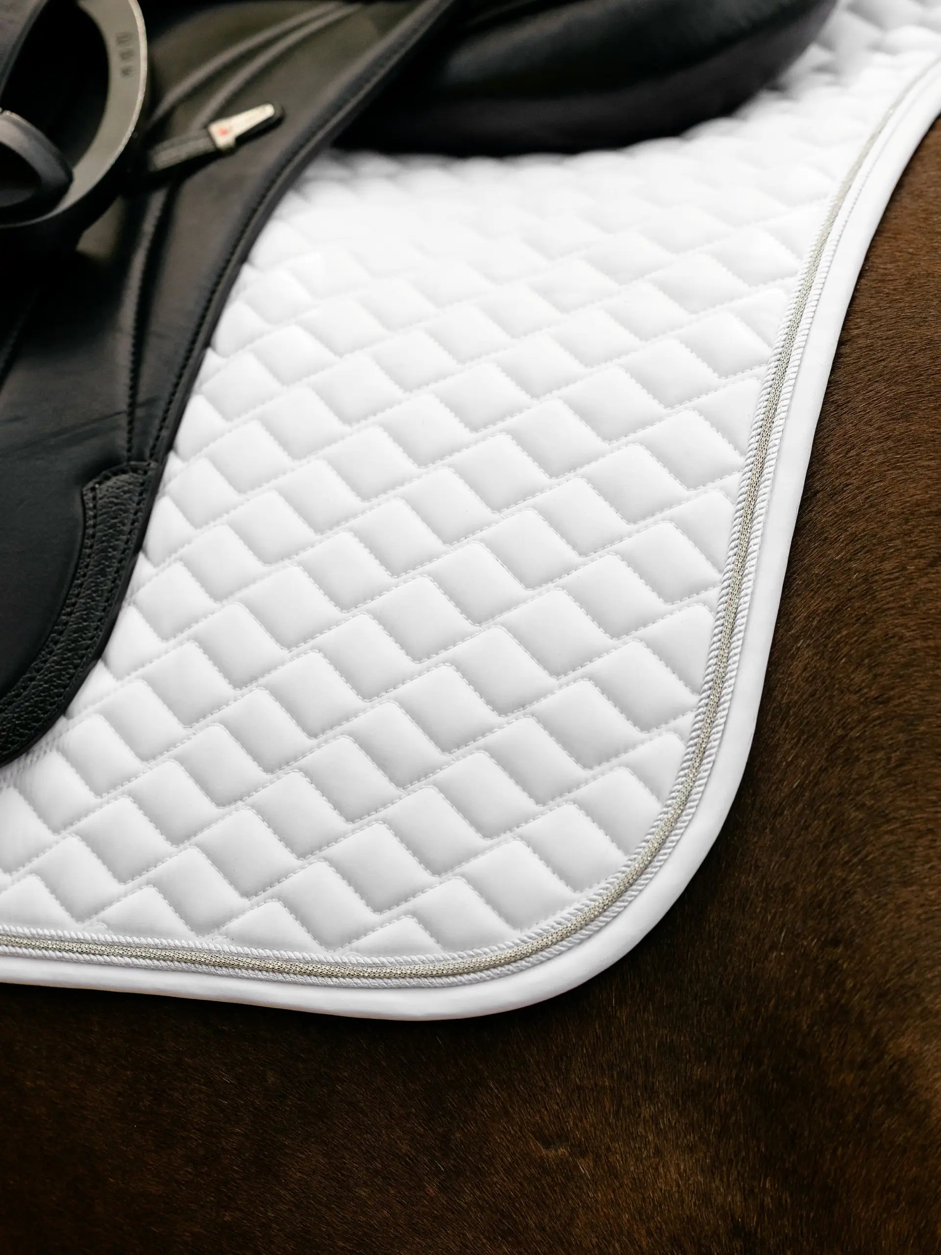 LeMieux Brilliance Dressage Square Saddle Pad White with silver trim on horse