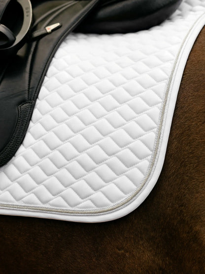 LeMieux Brilliance Dressage Square Saddle Pad White with silver trim on horse