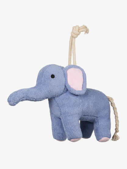 Blue plush elephant horse toy with crackling sound and rope hanger for stable entertainment.