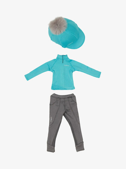 LeMieux Toy Rider Outfit Azure: Turquoise base layer, grey breeches, and hat with pom-pom.