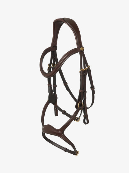 LeMieux Kudos Sport Bridle in Havana brown leather with brass fittings for horses.