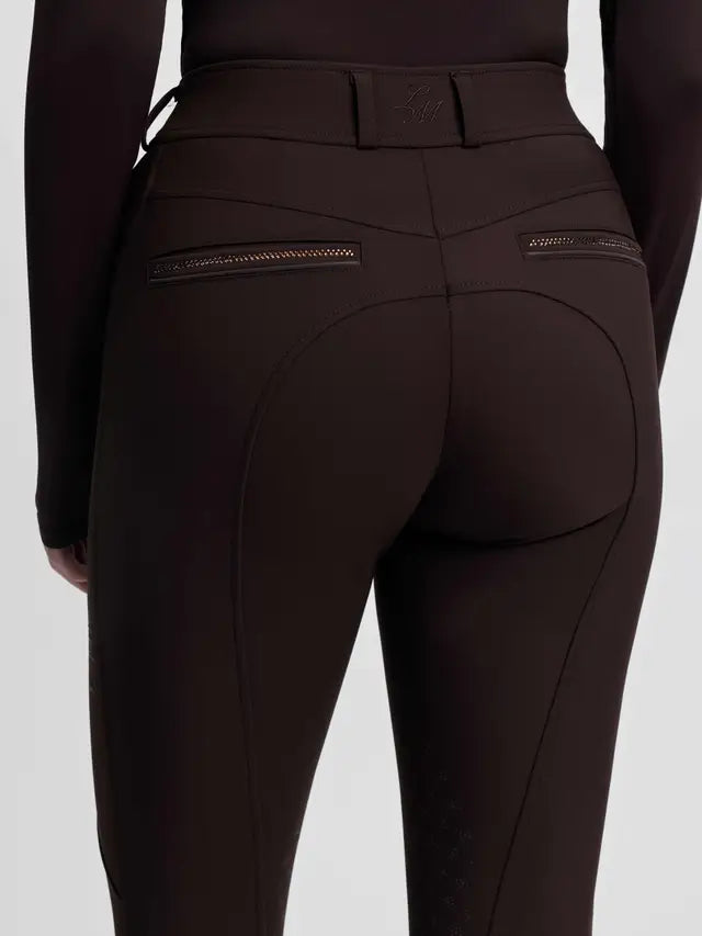 LeMieux Brilliance Knee Grip Breeches in Espresso brown with back pocket sparkle detail.