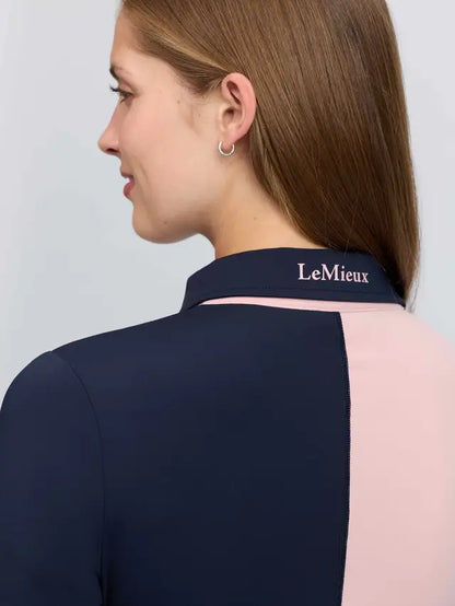 LeMieux Harlequin Rugby Shirt Base Layer Petal/Navy - close-up of collar and shoulders.