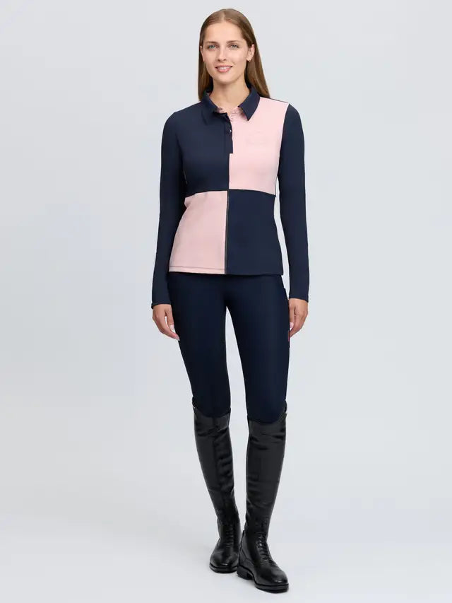 LeMieux Harlequin Rugby Shirt Base Layer: Petal/Navy. Women's UV50+ equestrian top with color block design.