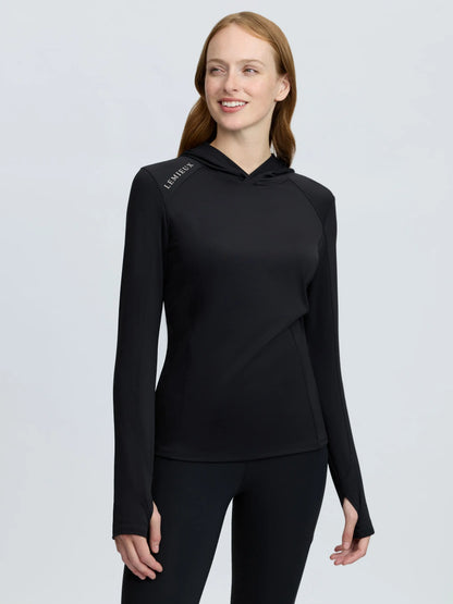 LeMieux black hooded mid layer training top with UV40+ protection for riding, running, and walking.