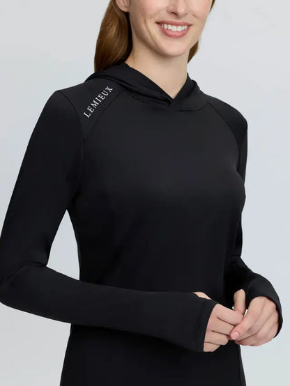 LeMieux Heidi Hooded Mid Layer Black - UV40+ athletic training top with hood.