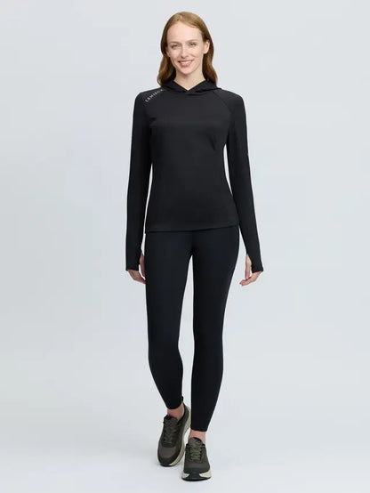 LeMieux women's black hooded mid layer training top with UV40+ protection and sporty design.