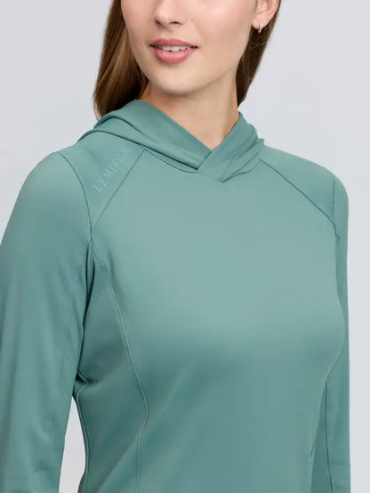 LeMieux women's aloe green hooded athletic training top with breathable branding